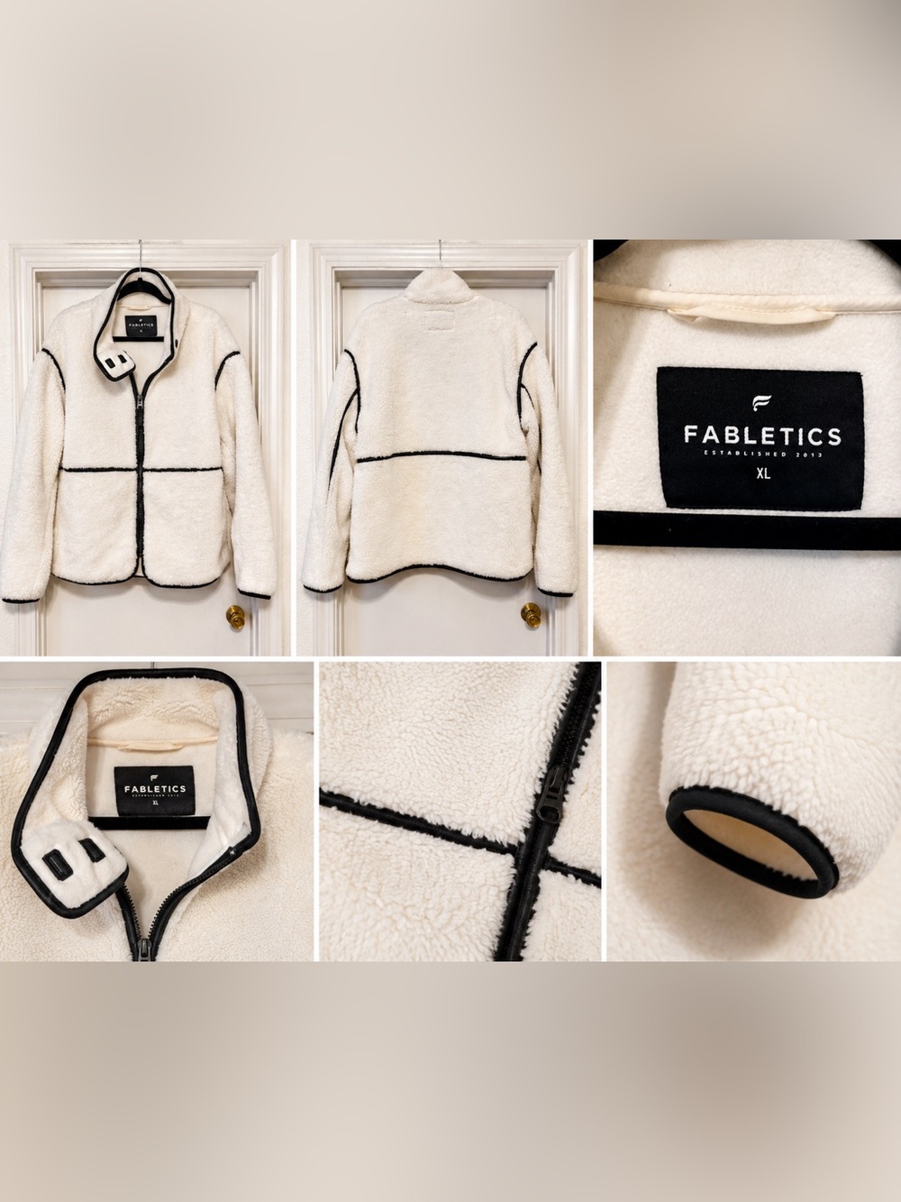 Faux Sherpa Zip-Up Jacket with Black Leather Trim
